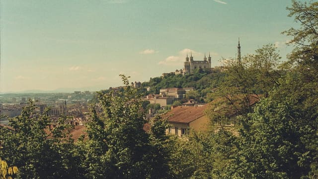 A scenic view of a city with a castle.