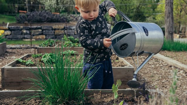 boy in black and white long sleeve shirt standing beside gray metal watering can during daytime