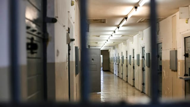 A long prison corridor with rows of metal doors viewed through dark bars
