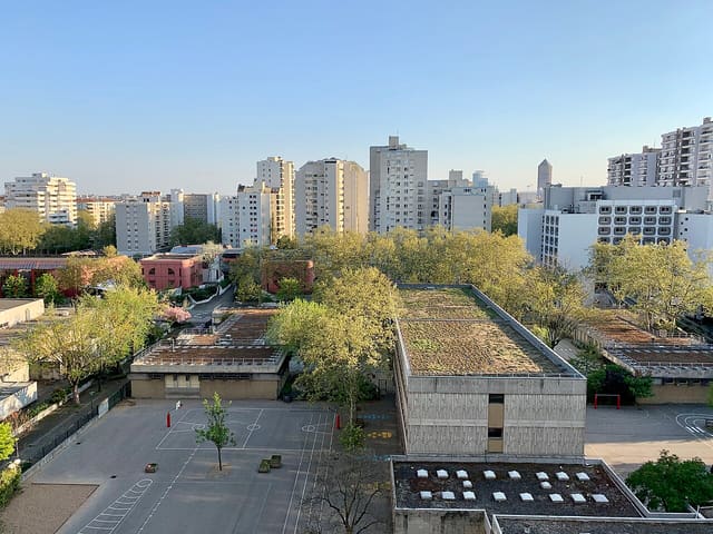 Vue sur le quartier Le tonkin et du Groupe Scolaire Louis Armand à Villeurbanne au printemps 2020.