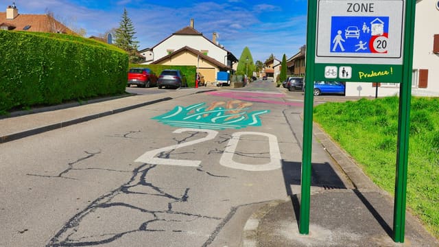 Rue résidentielle bordée de haies et de maisons, avec des voitures garées au loin et un panneau de zone limitée à 20 km/h.