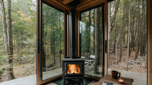 Poêle à bois fermé allumé dans une pièce vitrée donnant sur une forêt, exemple d'appareil de chauffage à foyer fermé.