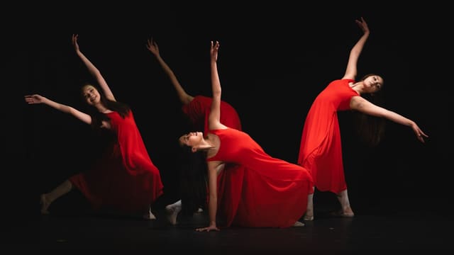 Dancer in red dress performs multiple poses