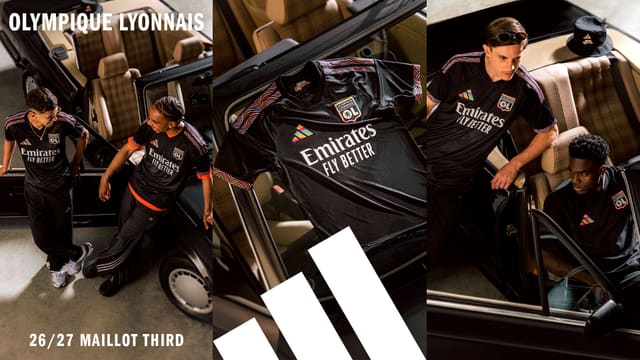 Le maillot third 2026-27 de l'Olympique Lyonnais, noir, orné de bandes ondulées multicolores aux manches et au col, présenté à plat sur une voiture et porté par trois mannequins