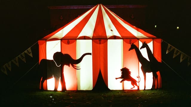 Circus tent with animal silhouettes at night