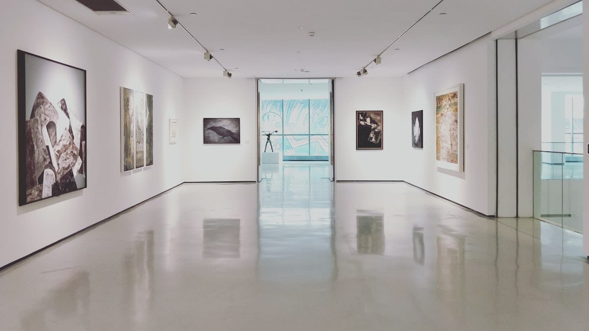 assorted paintings on white painted wall