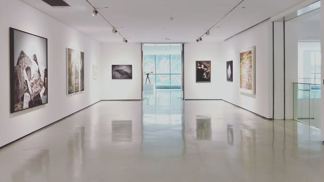assorted paintings on white painted wall