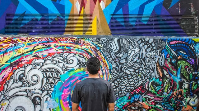 photography of man seeing doddle wall art