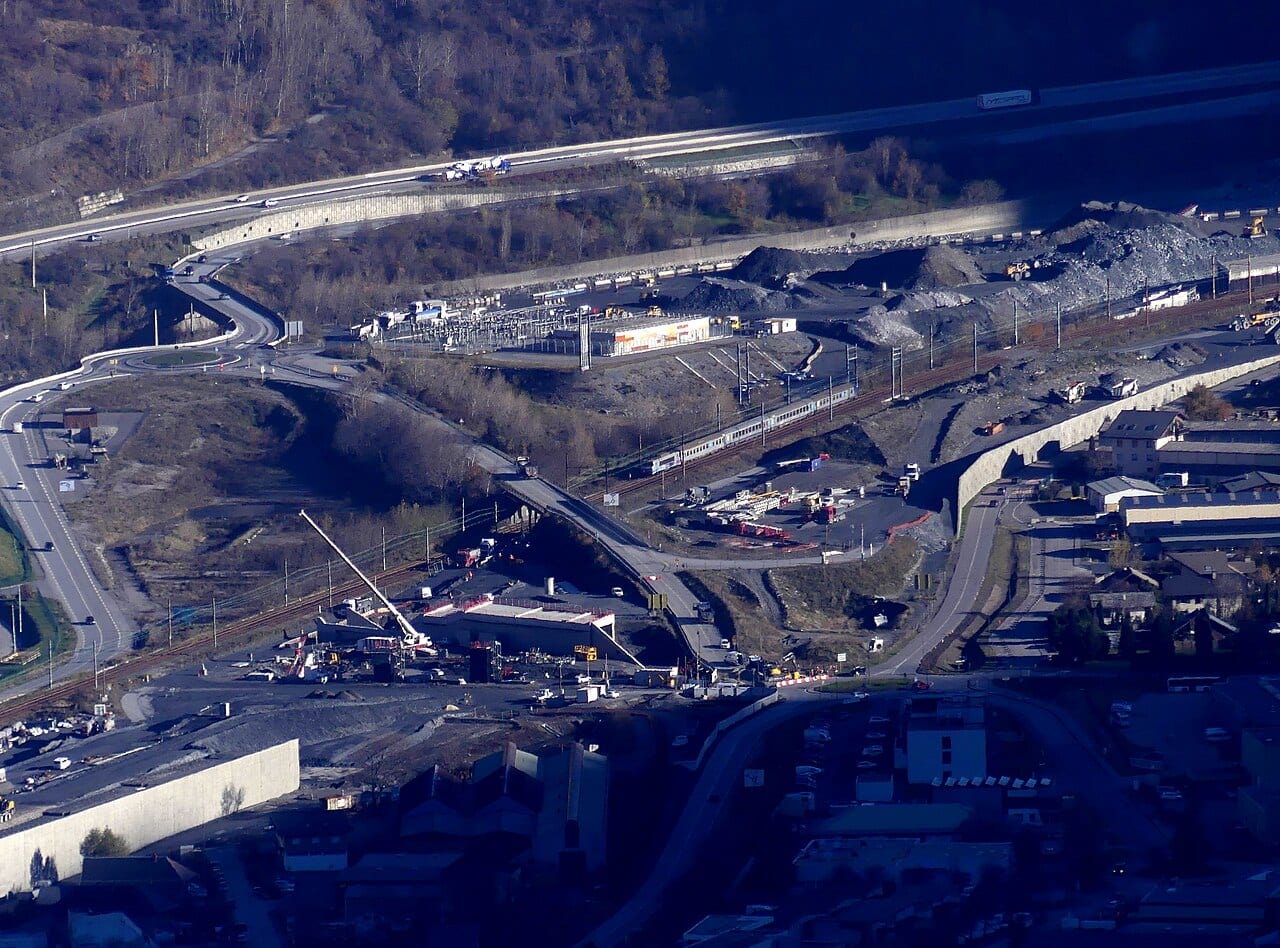 Sight of the working site of the future Lyon-Turin railway line and tunnel, in Villargondran near Saint-Jean-de-Maurienne, Maurienne valley, Savoie, France.