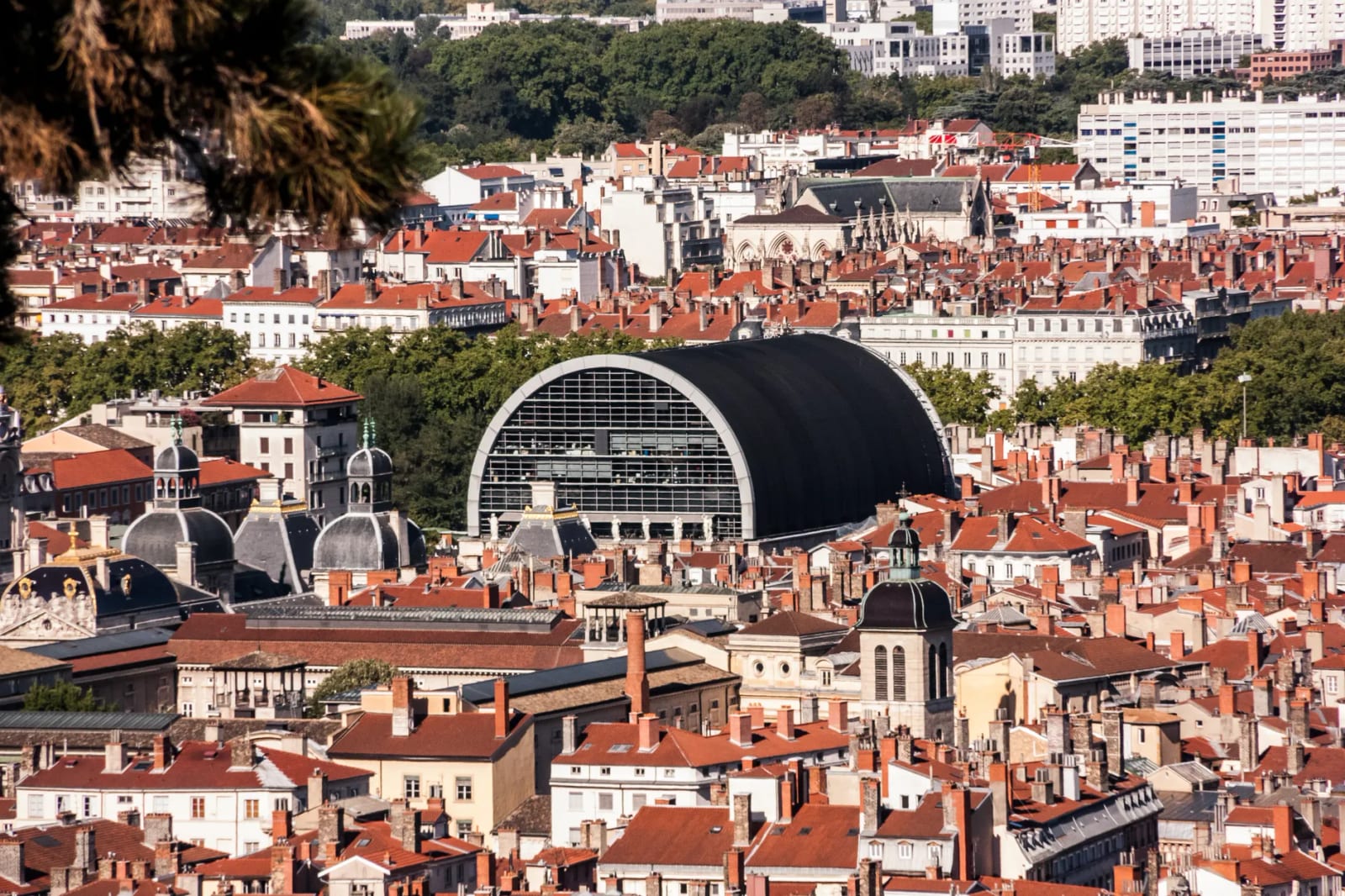 Vue aérienne Lyon toits historiques architecture.