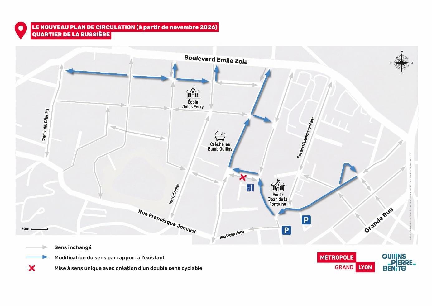 Plan du nouveau sens de circulation dans le quartier de la Bussière à Oullins-Pierre-Bénite, applicable à partir de novembre 2026