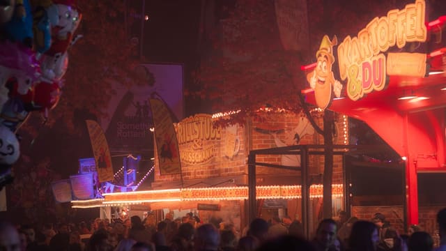 Crowd at a brightly lit amusement park at night