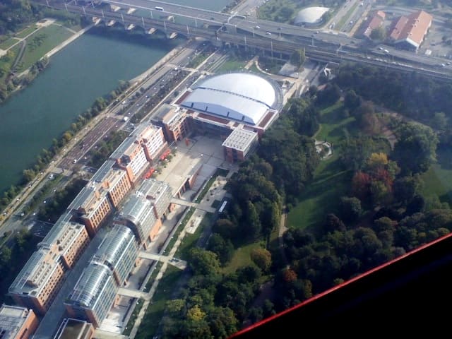 View of the Salle 3000 in Lyon from an helicopter