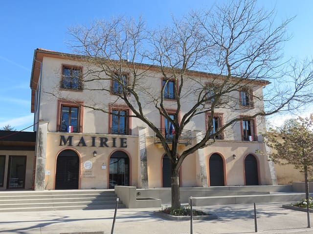 Façade d'une mairie aux murs ocre, avec ses lettres sombres, ses fenêtres à volets et un arbre nu devant l'entrée.