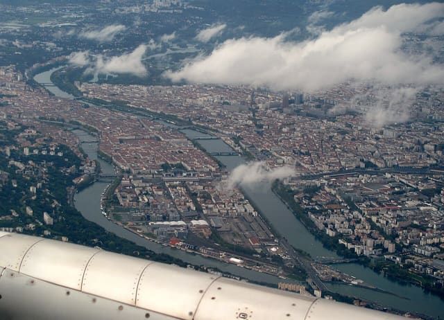 Presqu'île de Lyon depuis un vol Londres - Lyon.
