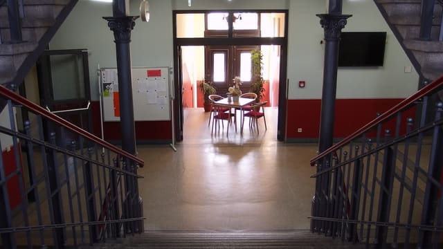 Hall d'entrée d'un établissement scolaire : escalier au premier plan, panneau d'affichage et porte d'accès au fond