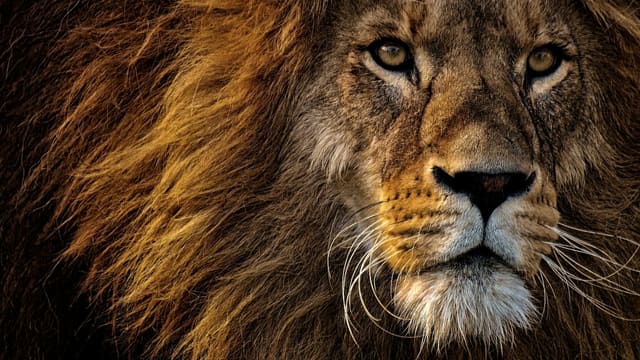 Gros plan sur le visage d'un lion adulte à la crinière fournie, regard tourné vers la gauche.